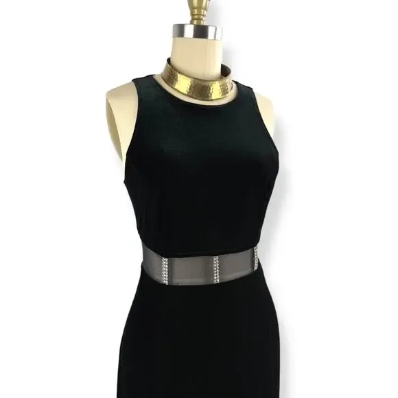 90's sexy black velvet long fitted dress with high slit and mesh crystal trim - Picture 9 of 16